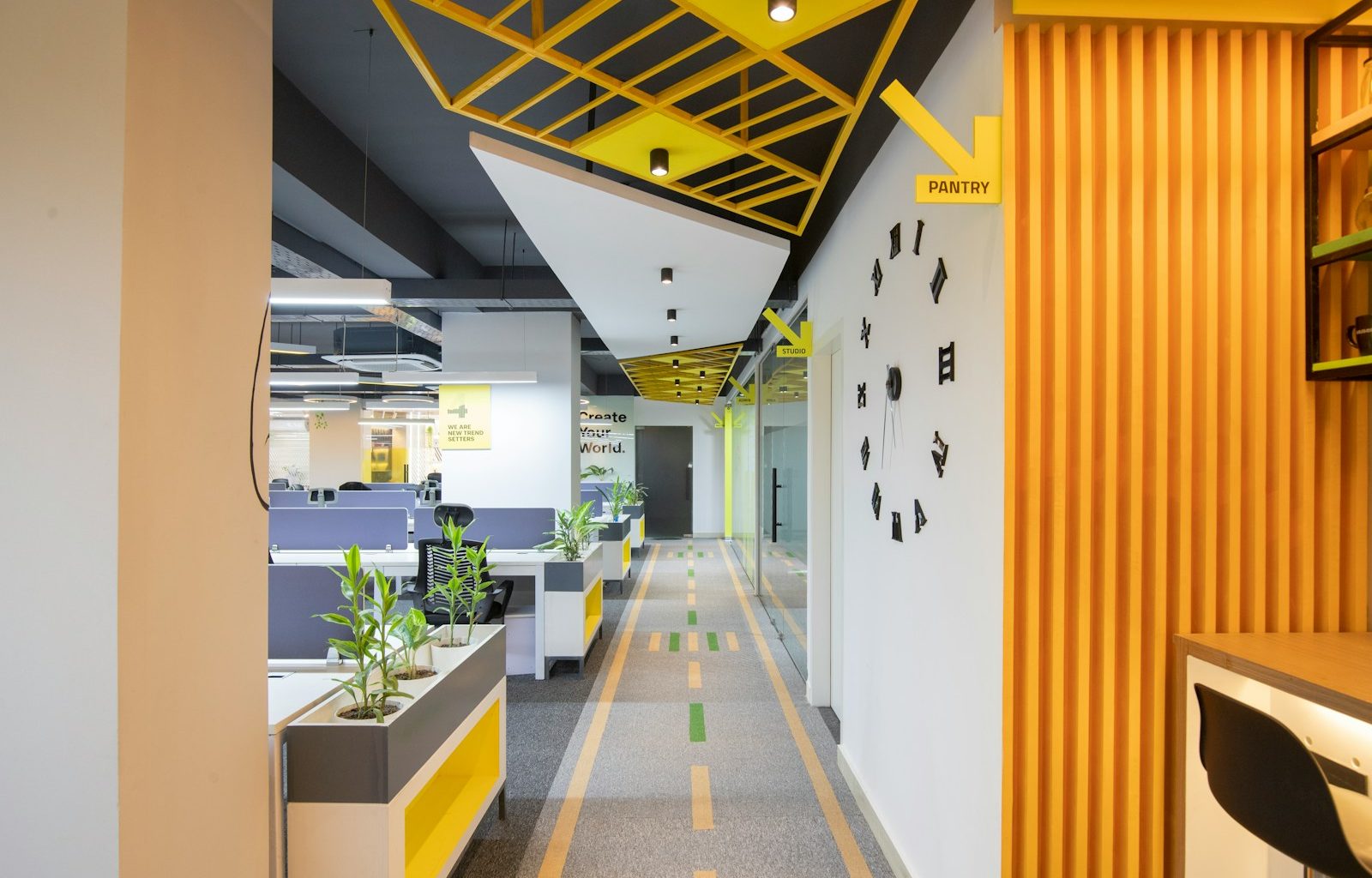 a long hallway with yellow and black accents